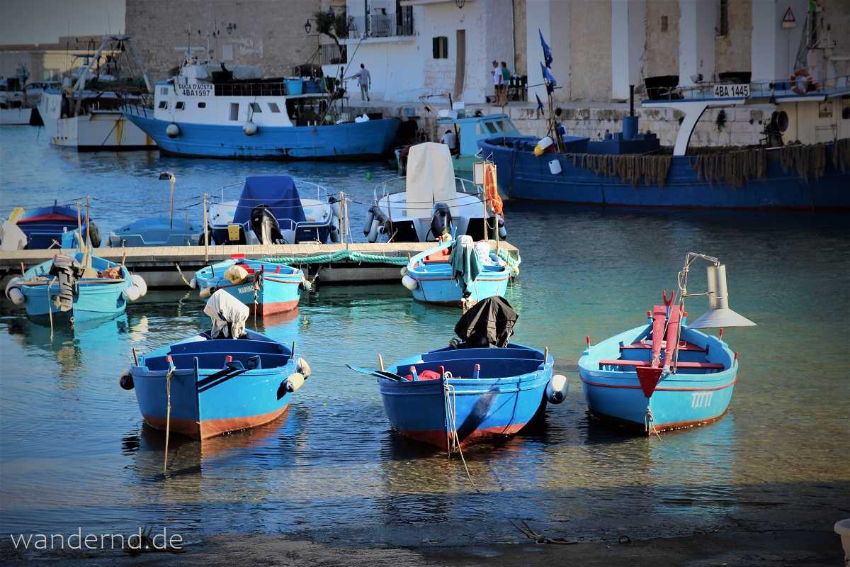 Rundreise Apulien: Am Hafen von Monopoli schaukeln blaue Fischerboote