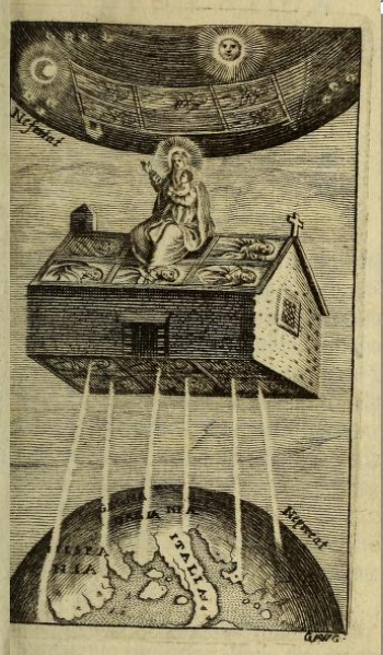 Darstellung im Marianischen Atlas von Gumppenberg: Das Heilige Haus von Loreto ergießt seine Gnaden in alle Welt
