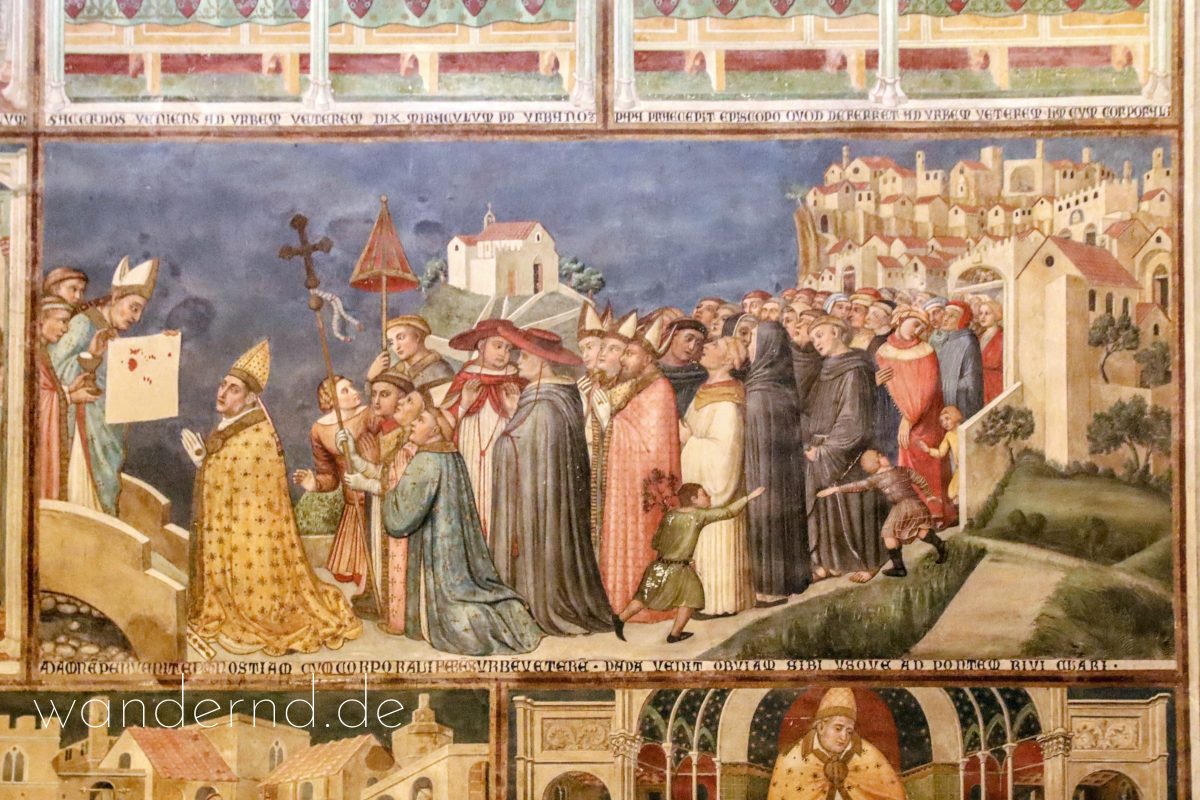 Darstellung der Geschichte des Corporale di Bolsena im Dom von Orvieto: Der Bischof von Orvieto bringt das Korporale nach Orvieto zurück und zeigt es dort Papst Urban IV. und dem Volk